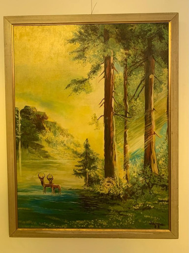 Cuadro Antiguo Enmarcado Con Pintura Bosque Y Ciervos 66x86