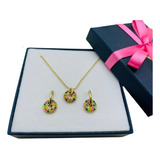 Set Collar Y Aretes Cristal Multicolor Nice 4 Baños Oro 18k