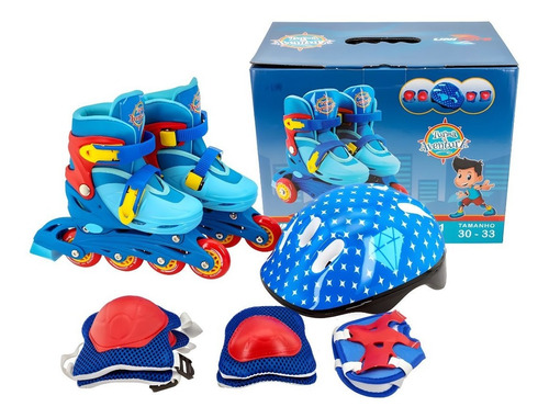 Patins Menino C/ Kit Proteção Acessórios De Segurança Azul