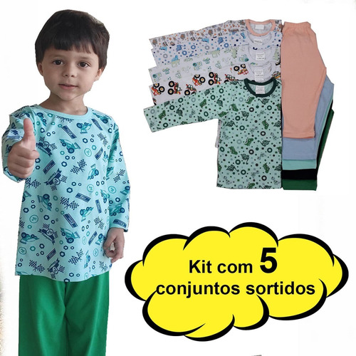 Kit 5 Pijamas De Frio Infantil Criança Inverno Malha