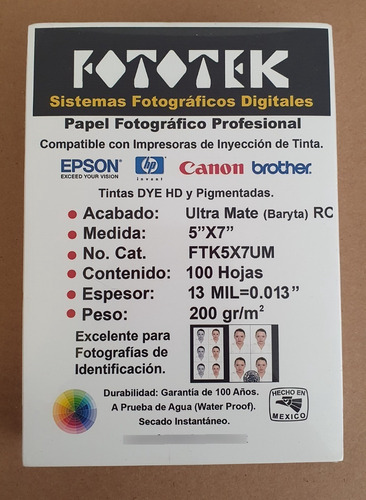 Papel Fotográfico Profesional 5x7 Ultra Mate Baryta100 Fotos