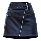 Women's Short Skirt Fake Leather Front Zipper Bloggueiras .