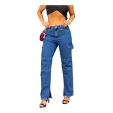 Calça Jeans Wide Loose Cargo Feminina Cintura Alta 22767