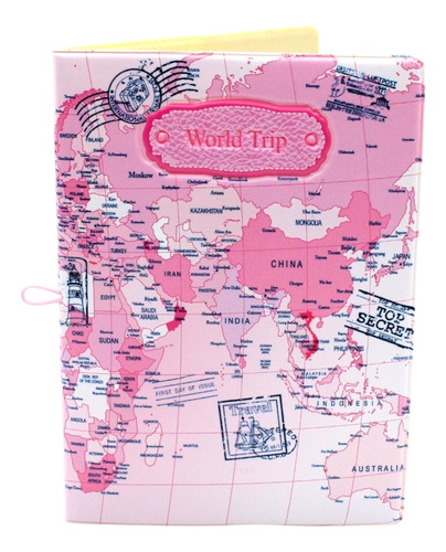 Porta Pasaporte Rosa - Mapa Mundi - Cute - Viajes Travel