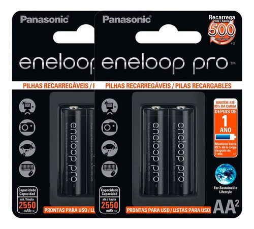 4 Pilhas Recarregaveis Eneloop Pro Aa Panasonic (2 Cart)