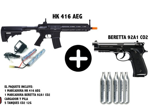 Paquete Marcadora Hk 416 Aeg Beretta 92a1 Co2 +5 Tanques 