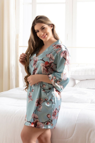 Roupão De Cetim Robe Feminino Estampado Adulto G 1/2 Manga