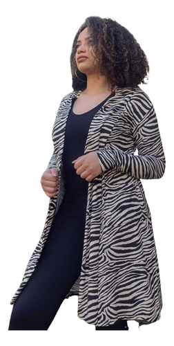 Cardigan Feminino Em Malha Longo Animal Print Sofisticado