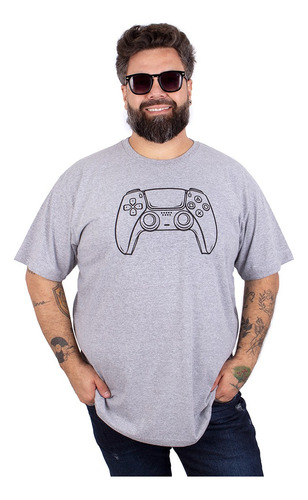 Camiseta Video Game Masculina Plus Size Controle Ps5 Cinza