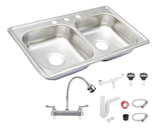 Fregadero Tarja Tina Doble Acero Inox 84x48 Con Kit Mez Flex