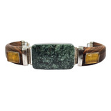 Pulsera De Madera Con Jade Y Plata 925 Y Cabujones De Ambar