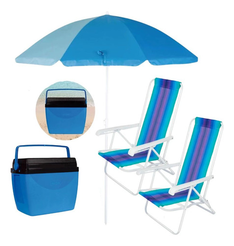 Kit Praia Cooler 26 L + Guarda Sol 1,50 M + Duas Cadeiras