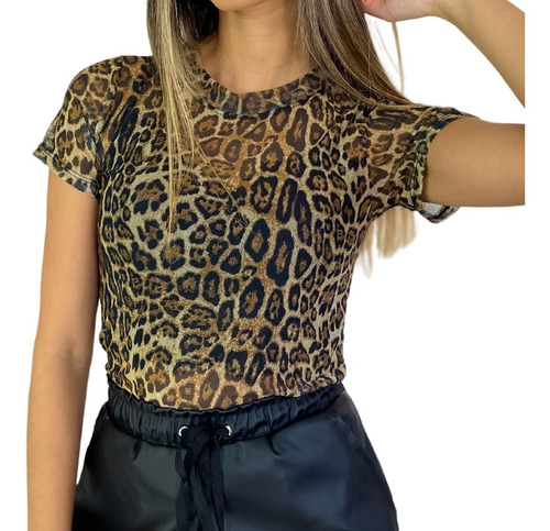 Blusa De Tule Manga Curta Animal Print Estampada Lisa Tshirt