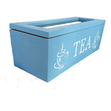 Caja Te Vintage 3 Divisiones Madera C/ Visor Vidrio Azul Tea