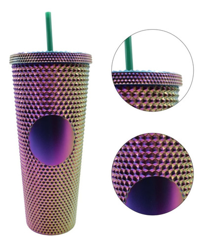 Termo Tumbler Vaso Studded Plastico Popote 700 Ml Colores Color Morado-verde Tornasol