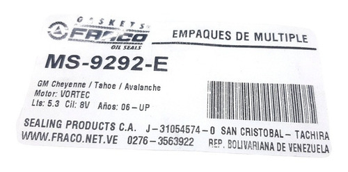 Empacadura Multiple Escape Chevrolet Motor Vortec 5.3 L  Foto 2