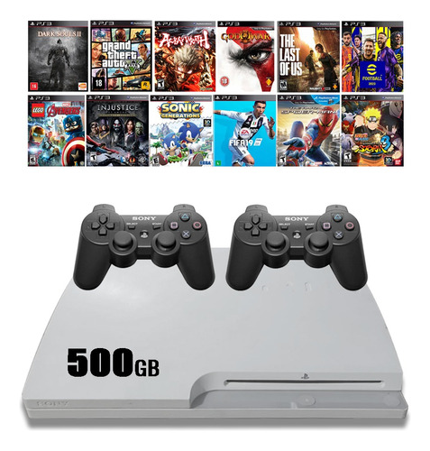 Sony Playstation 3 Slim 500gb + 2 Controles + 50 Jogos + Nf-e + Garantia + Pes23 + Minecraft ++