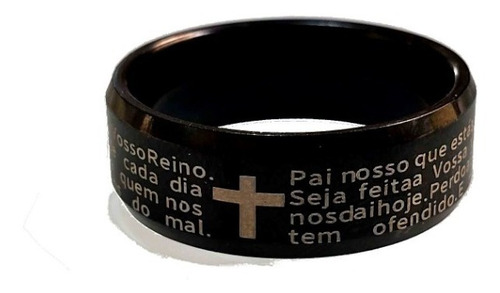 Anel Preto Com Oração Pai Nosso Escrito 8mm Tungstenio 