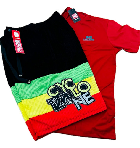 Bermuda De Veludo Cyclone Reggae + Camiseta Vermelha