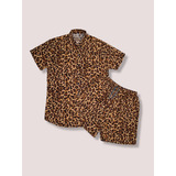 Conjunto Camisa Short  Estampa Onça Animal Print Adulto Visc