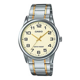 Reloj De Pulsera Casio Enticer Mtp-v001 De Cuerpo Color Plateado, Analógico, Para Hombre, Fondo Dorado, Con Correa De Acero Inoxidable Color Plateado Y Dorado, Agujas Color Dorado, Dial Negro, Minuter