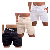 Kit 03 Shorts Linho Masculino Linha Premium Praia Verão 