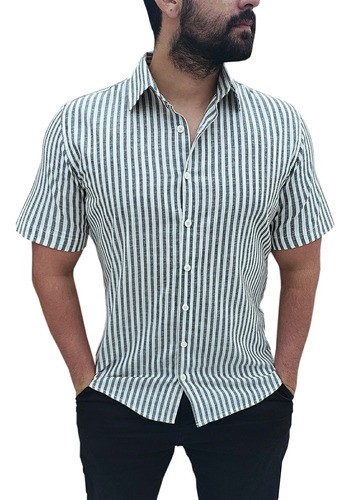 Camisa Masculina Manga Curta Linho Casual Florida 