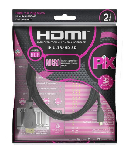 Cabo Micro Hdmi Para Hdmi 2.0 4k 2,00 Metros