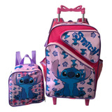 Mochila Lilo & Stitch 3 Bolsos Rosa G Rodinha + Lancheira Oi