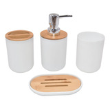Set Baño Plastico Y Bambu 4 Piezas Dispenser Portacepillo 