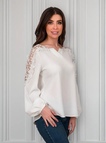 Blusa Moda Mujer Elegante Detalle Encaje Manga Larga Emz8001