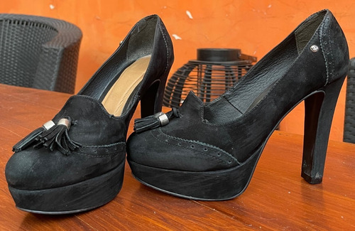Zapatos Mujer Via Uno Gamuza Natural Negro Taco Alto