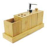 Kit Para Banheiro 5 Peças Em Bambu Dispenser Sabão Liquido