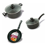 Bateria De Cocina Guadix Teflon 5 Piezas Tapa Vidrio Set Color Gris