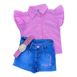 Camisa Xadrez Country E Short Jeans Infantil Conjunto Menina