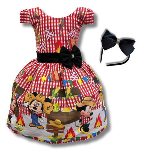 Vestido Infantil Festa Junina Xadrez Vermelho Mickey  Minnie