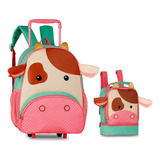 Mochila Rodinha Lancheira Escolar Infantil Meninas Bichinhos Cor Verde-claro Desenho Do Tecido Vaquinha