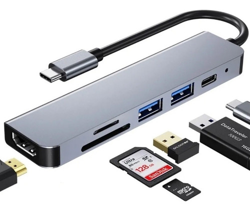 Hub Adaptador Usb-c 6 En 1 (hdmi,2x Usb 3.0, Tf, Sd, Usb-c)