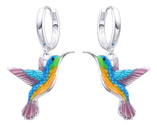 Aros Plata 925 Colibrí Picaflor Regalo Colores Mujer