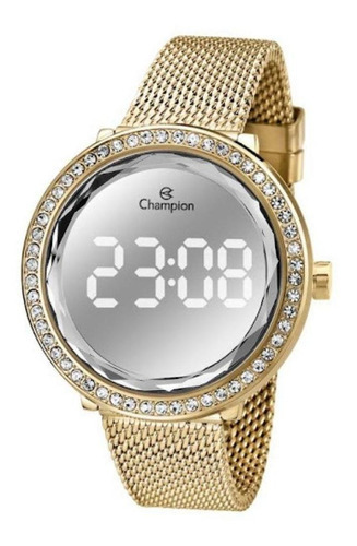 Relógio Feminino Dourado Led Champion Com Pedras Original+nf