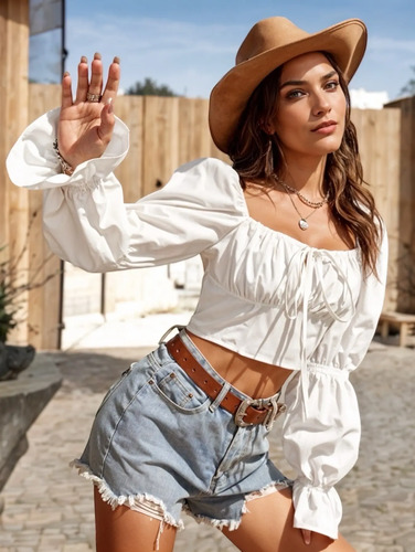 Blusa Crop Campesina Manga Larga Escote Cuadrado Mujer