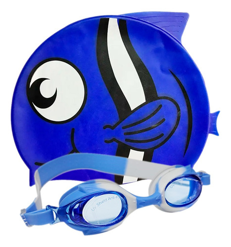 Set Gorro Natación Pez Silicona Niños Gafas Filtro uv estuch