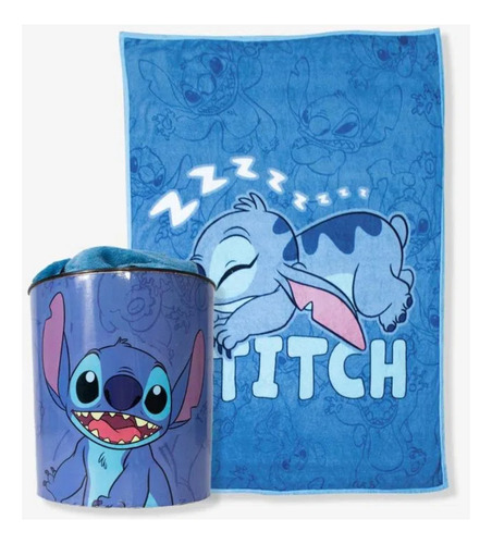 Kit Manta+balde De Pipoca Stitch Personagem Azul Disney Zona