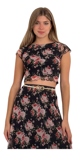 Blusa Remera Crop Top Estampada Fiesta Manga Corta Volados