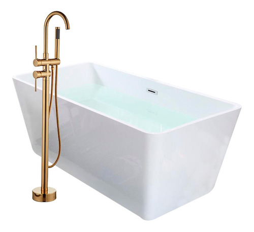 Solana Kit Tina De Baño Rectangular De Acrílico Slim 150x80x60 Cm + Grifo Independiente Monomando Cuello Cisne Gold / Bañera Rectangular Blanco Alto Brillo Kit Completo Blanco/gold Para Cuarto De Baño