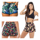 Kit 3 Shorts Feminina Praia Viscose Estampa Floral Tactel