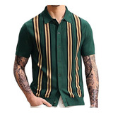 Camiseta De Polo De Punto Con Botones Rayas Para Hombres