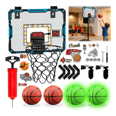 Zoselb Mini Canastas De Basketball Niño Adulto Marcador Luces 4 Bola - Para Puerta/dormitorio, Contador Automático, Balones Luminiscentes, Fácil Instalación, Juego Infantil, Aro Básquet