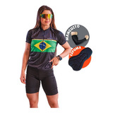 Conjunto Ciclismo Mulher Camisa Brasil Preto Bermuda Espuma