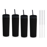 4 Vasos Negros Skinny Mate Acrílico Popote Tapa + Regal